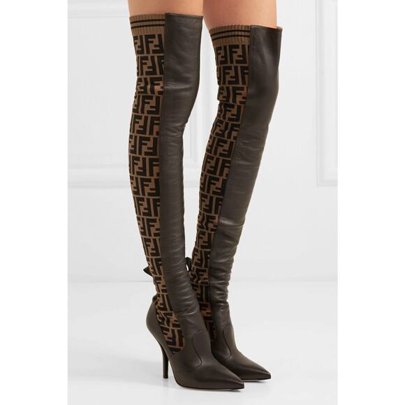Fendi Rockoko Brown FF Logo Stretch Knit Sock Thigh High OTK Heel Pump Boot 35 - Picture 2 of 12
